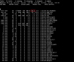 "Top" in der Konsole des RaspBerry Pi bei 1080p Wiedergabe - VNC verursacht ~50-60% CPU Last